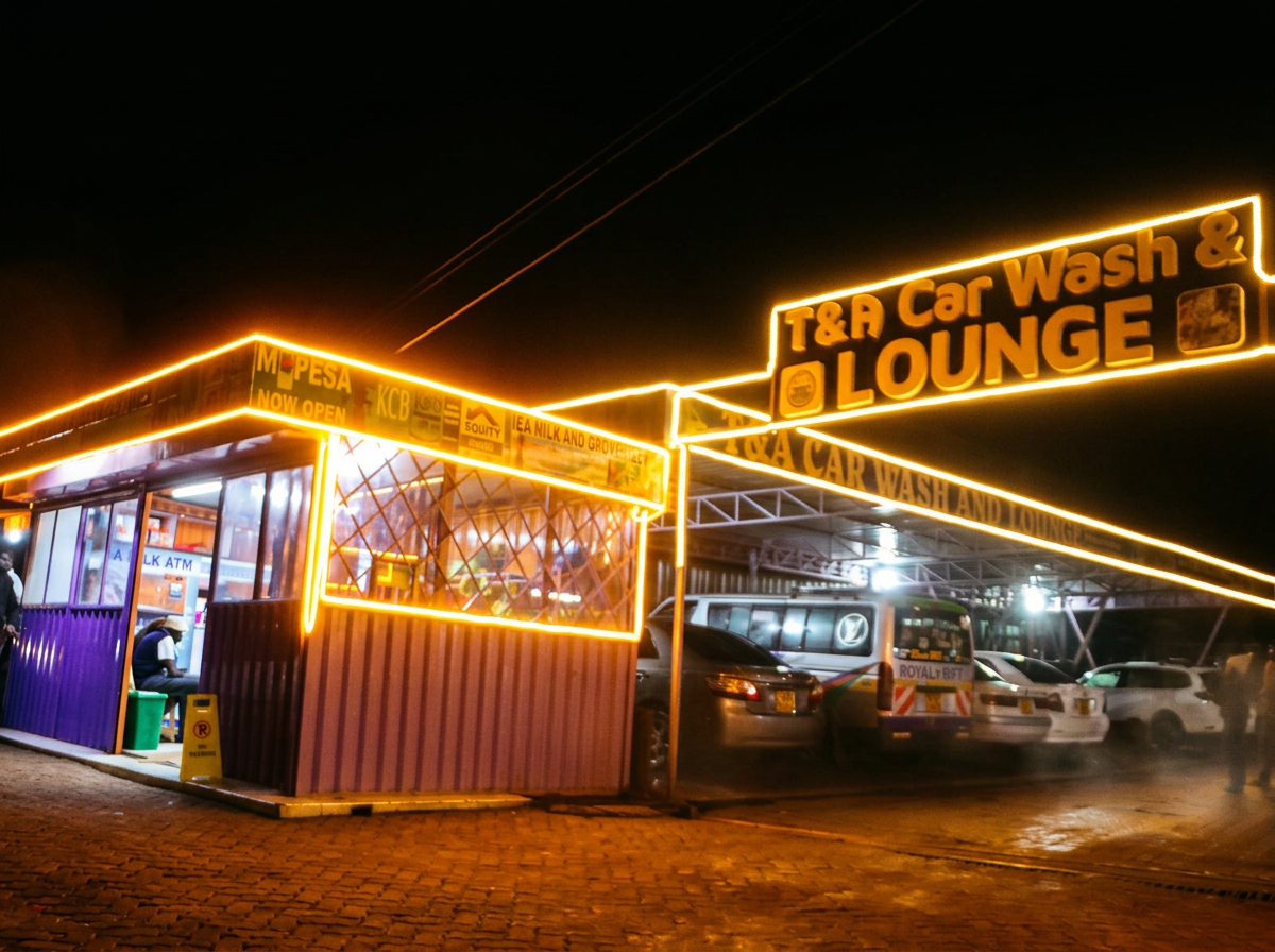T&A Car Wash and Lounge glowing at night