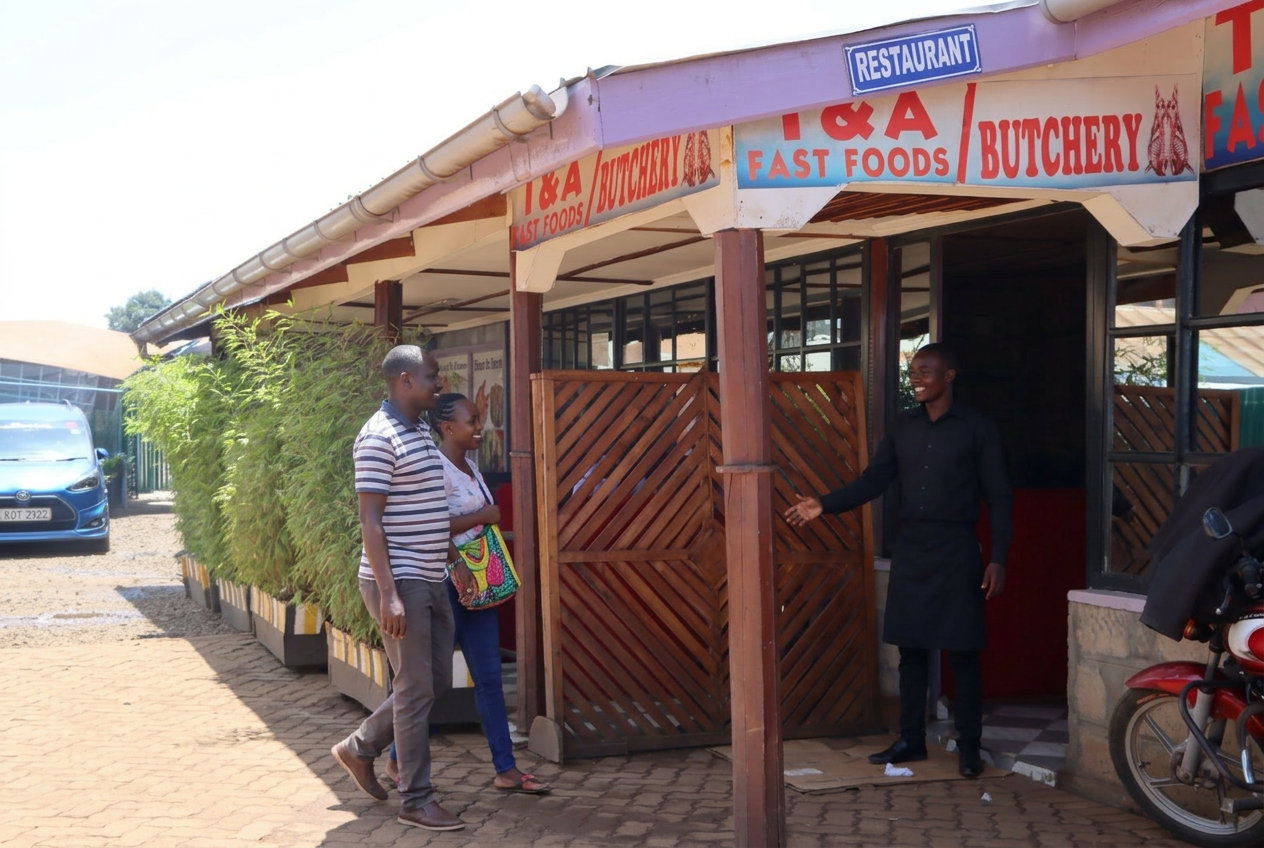 Customers being welcomed at T&A Fast Foods and Butchery in Kimumu, Eldoret