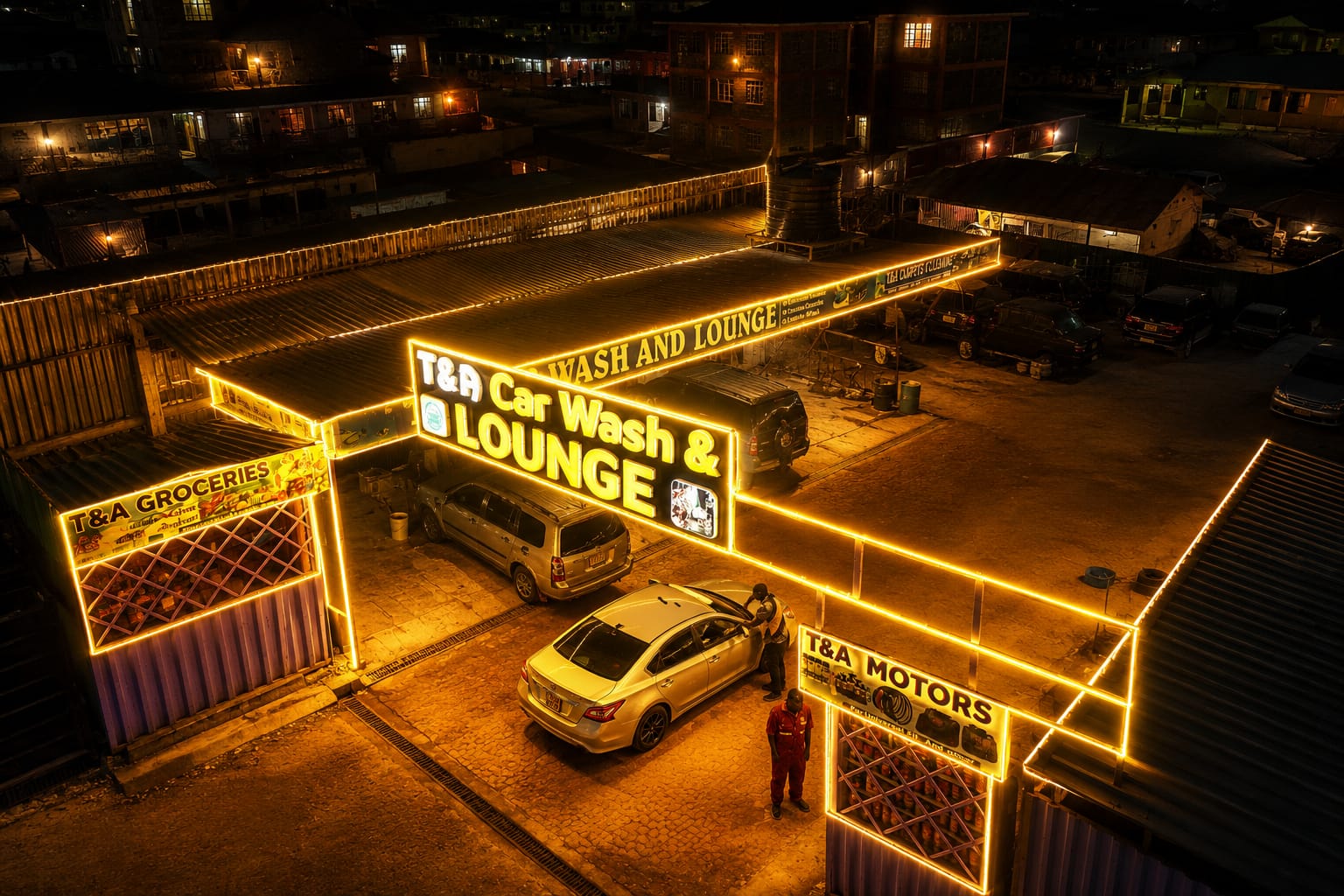 T&A Carwash and Lounge premises in Kimumu, Eldoret at night, glowing in warm gold lights